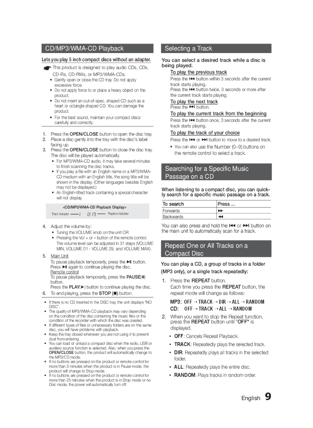 Samsung MXF830BZA user manual CD/MP3/WMA-CD Playback, Selecting a Track, Searching for a Specific Music Passage on a CD 