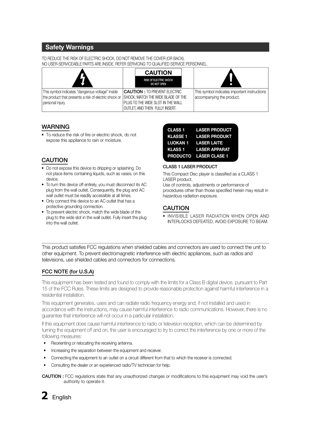 Samsung MXF830BZA user manual Safety Warnings, English 