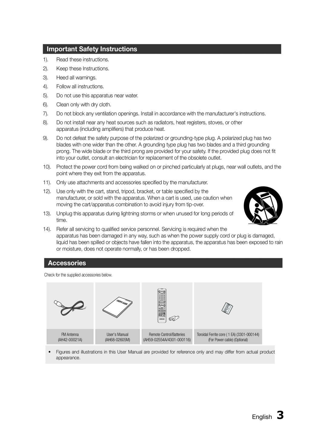 Samsung MXF830BZA user manual Important Safety Instructions, Accessories, English 
