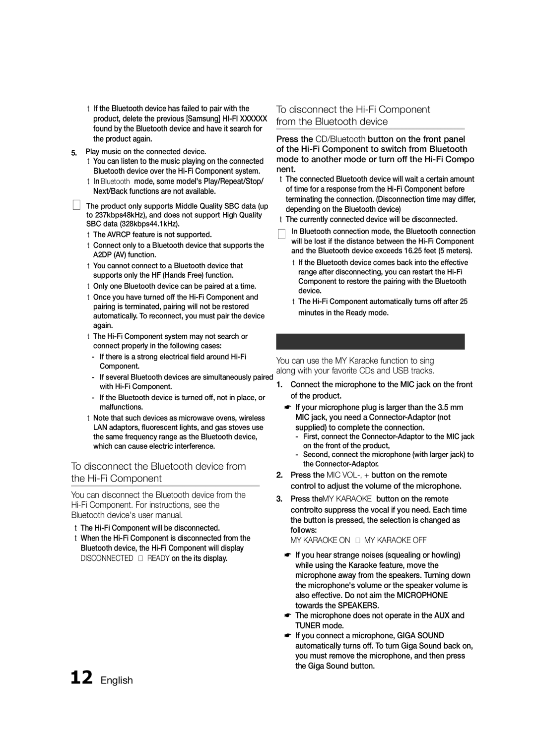 Samsung MXFS8000ZA user manual Using My Karaoke, To disconnect the Bluetooth device from the Hi-Fi Component 