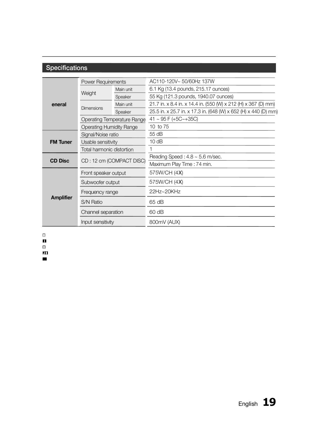 Samsung MXFS8000ZA user manual Specifications, Front speaker output, Ratio 