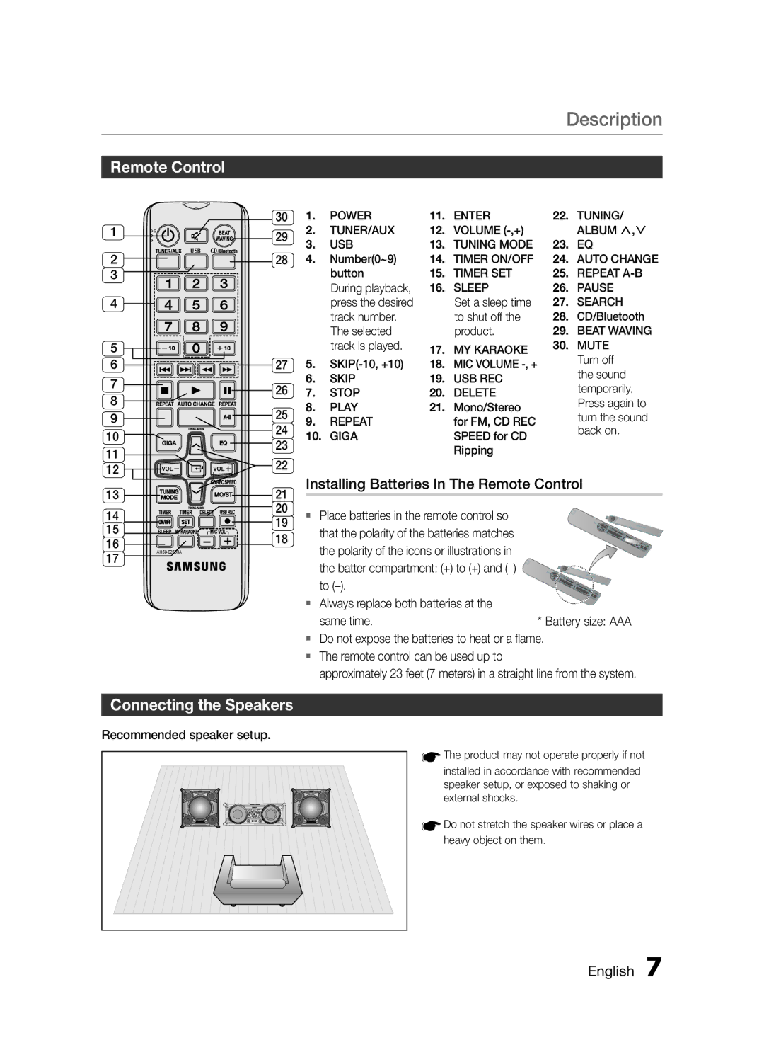 Samsung MXFS8000ZA Connecting the Speakers, Installing Batteries In The Remote Control, Recommended speaker setup 