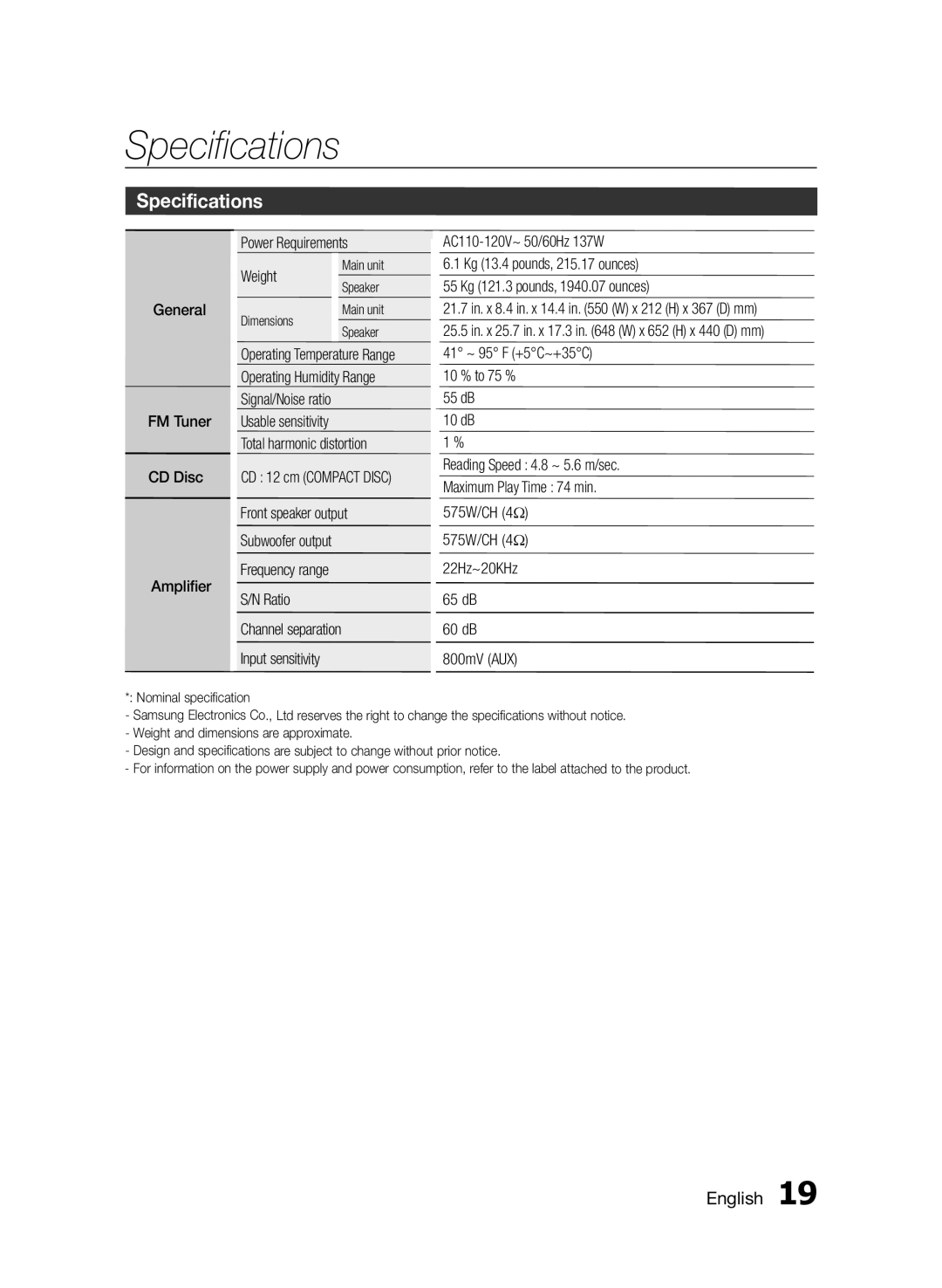 Samsung MXFS8000ZA user manual Specifications, English 