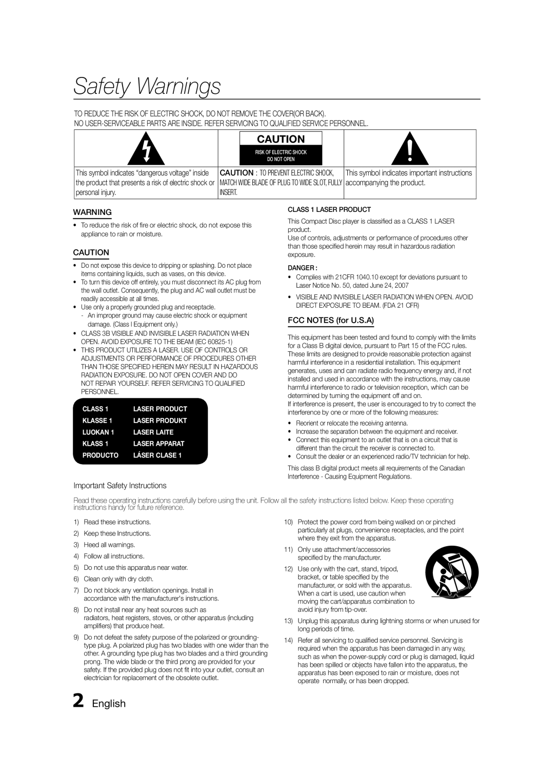 Samsung MXFS8000ZA Safety Warnings, English, Class, Laser Product, Klasse, Laser Produkt, Luokan, Laser Laite, Producto 