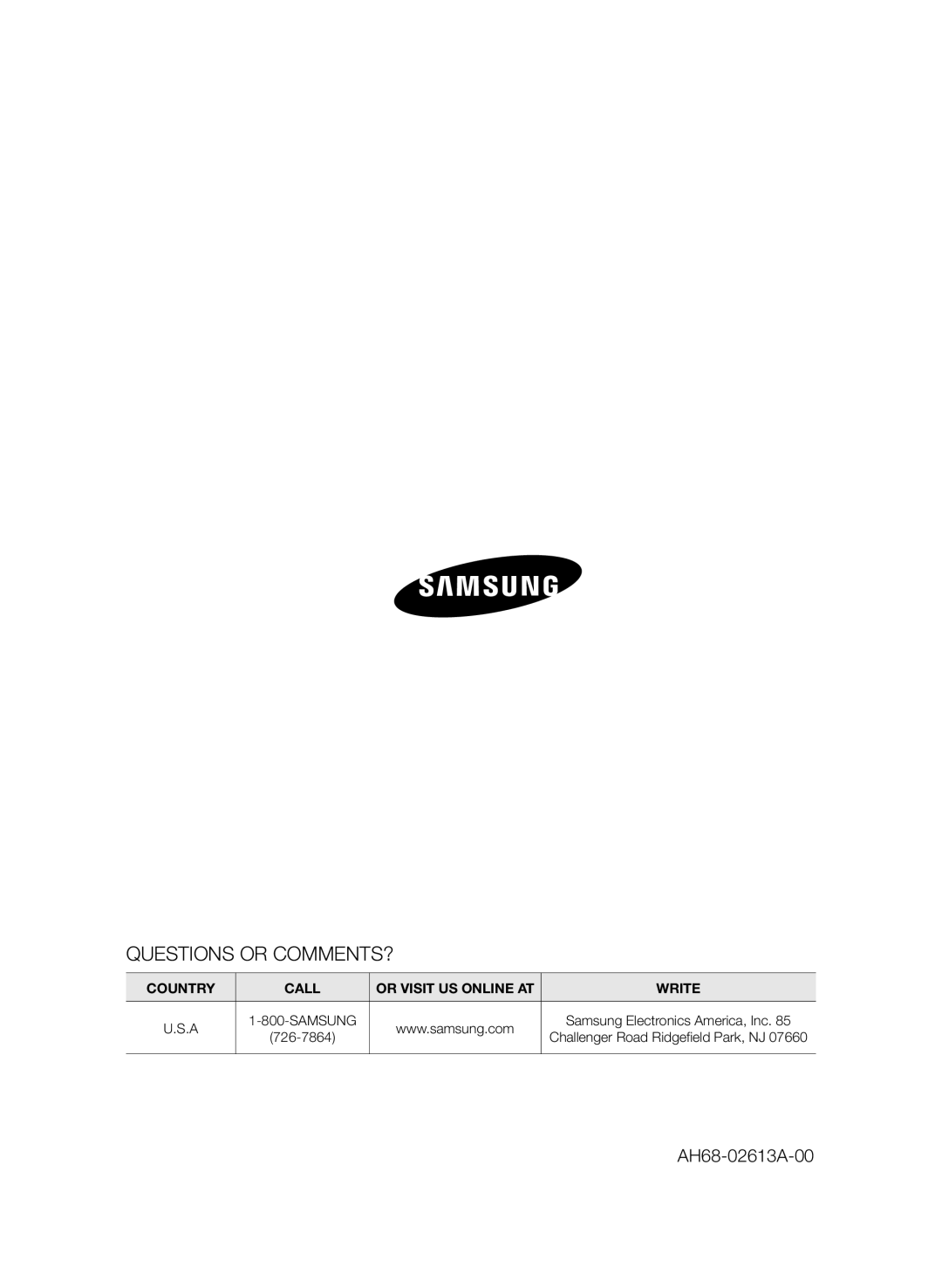 Samsung MXFS8000ZA Questions Or Comments?, AH68-02613A-00, Country, Call, Or Visit Us Online At, Write, 726-7864, U.S.A 