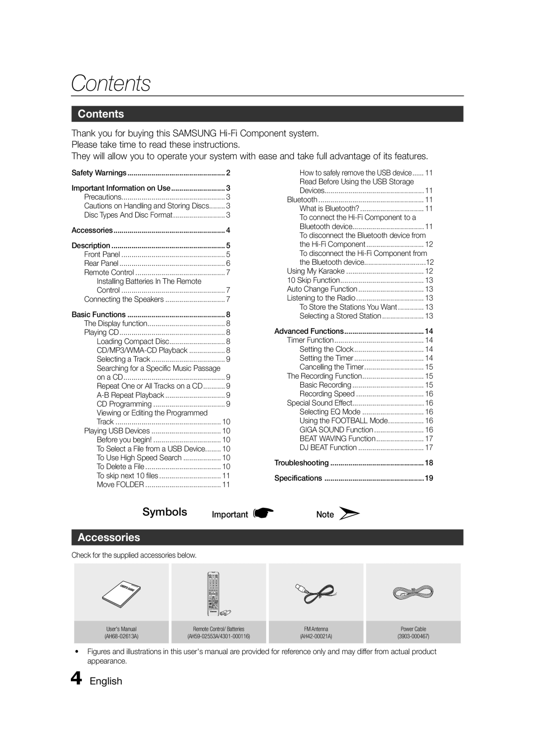 Samsung MXFS8000ZA user manual Contents, Symbols, Accessories, English 