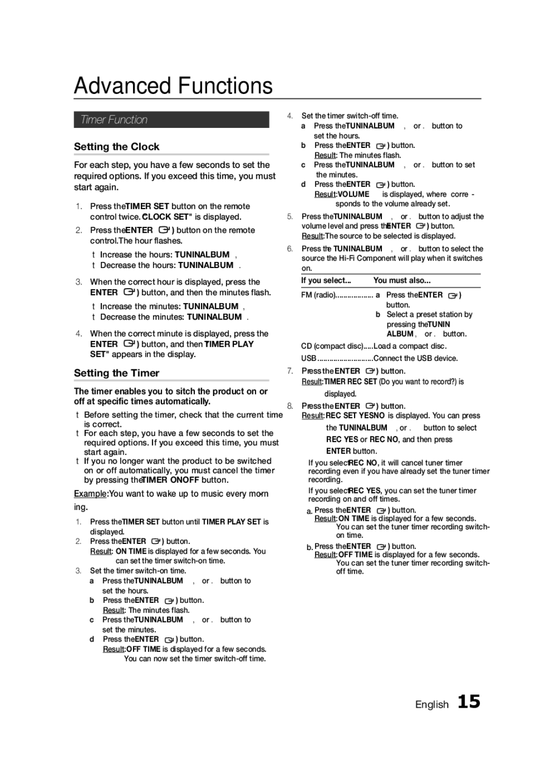 Samsung MXFS9000ZA user manual Advanced Functions, Timer Function, Setting the Clock, Setting the Timer 