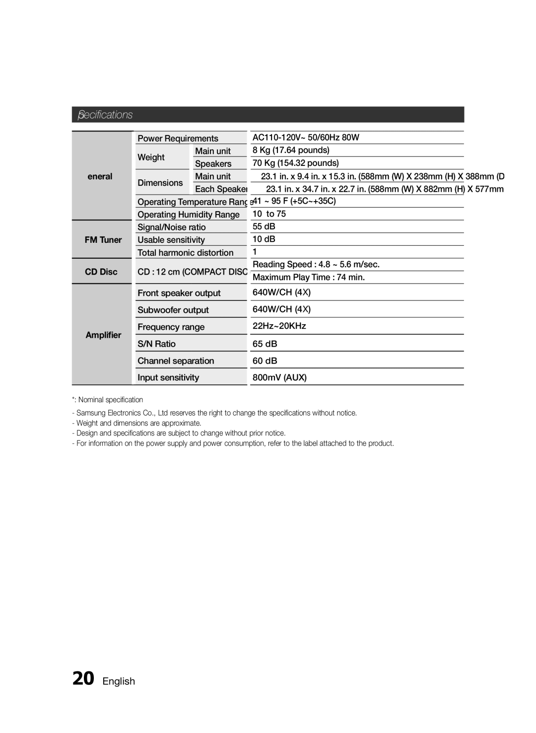 Samsung MXFS9000ZA user manual Specifications 