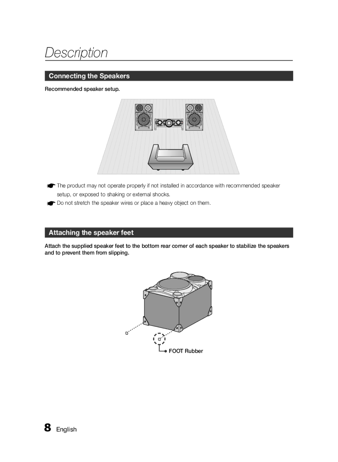 Samsung MXFS9000ZA user manual Connecting the Speakers, Attaching the speaker feet 