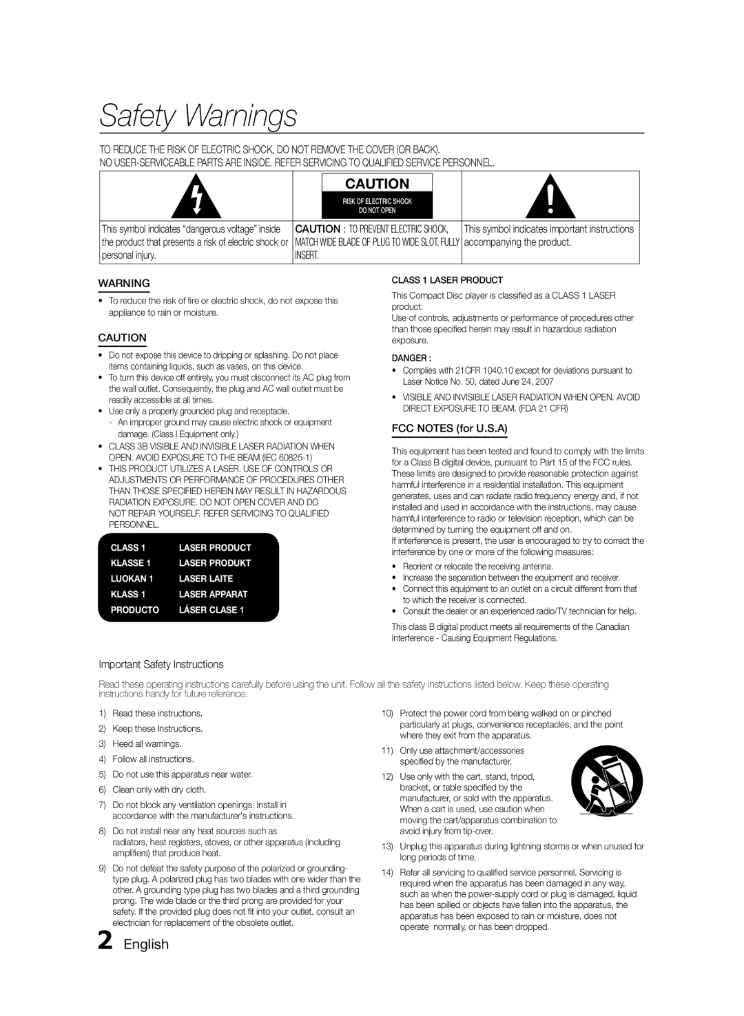 Samsung MXFS9000ZA Safety Warnings, English, Class, Laser Product, Klasse, Laser Produkt, Luokan, Laser Laite, Producto 