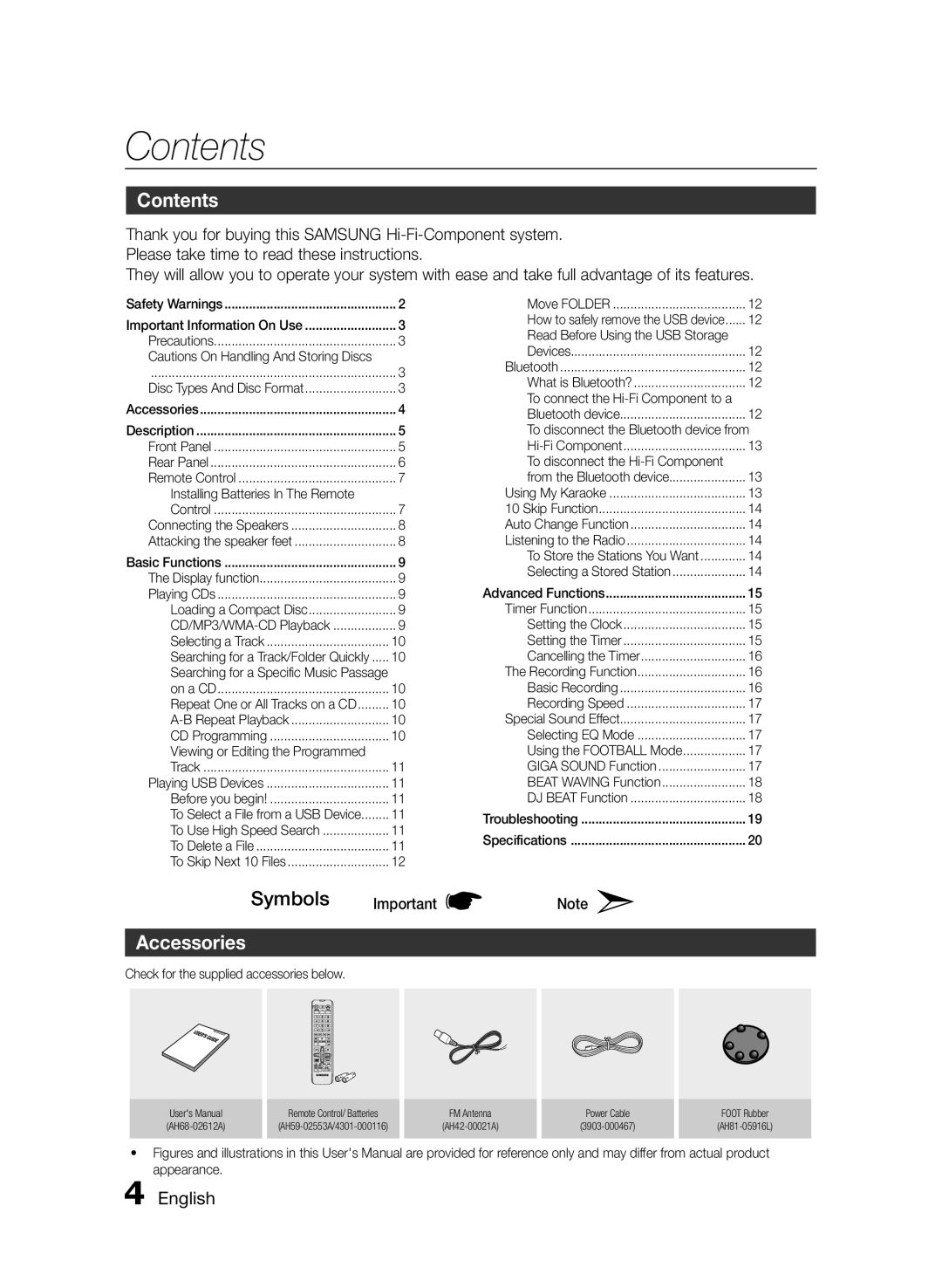 Samsung MXFS9000ZA user manual Contents, Symbols, Accessories, English 