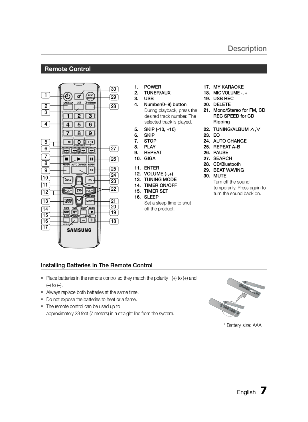 Samsung MXFS9000ZA user manual Description, Installing Batteries In The Remote Control, English 