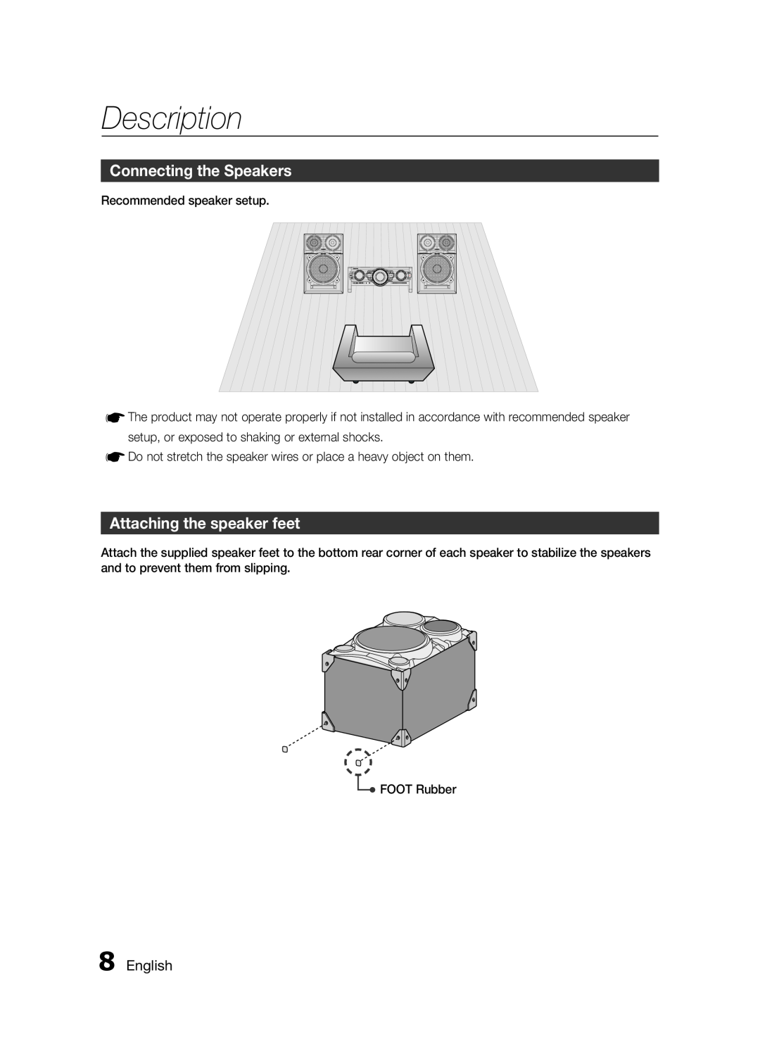 Samsung MXFS9000ZA user manual Connecting the Speakers, Attaching the speaker feet, English, Description 