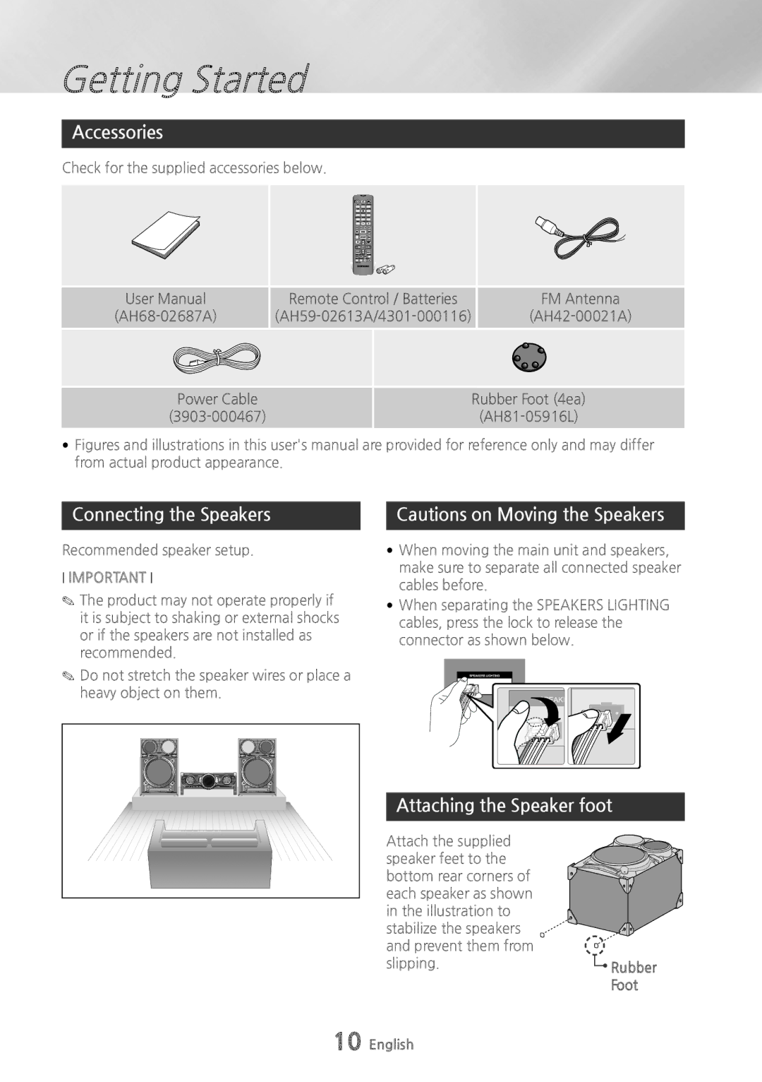 Samsung MXHS9000 user manual Accessories, Connecting the Speakers, Attaching the Speaker foot, Rubber Foot 