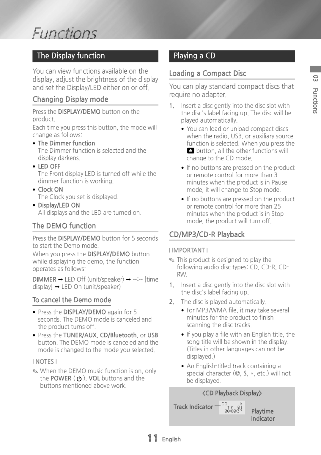 Samsung MXHS9000 user manual Functions, Display function, Playing a CD 