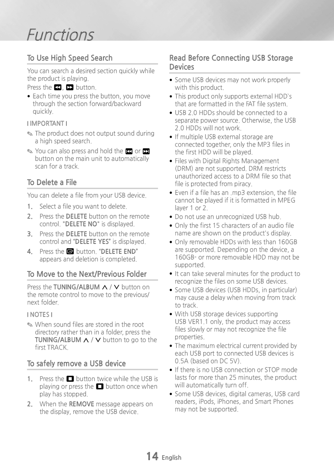 Samsung MXHS9000 user manual To Use High Speed Search, To Delete a File, To Move to the Next/Previous Folder 