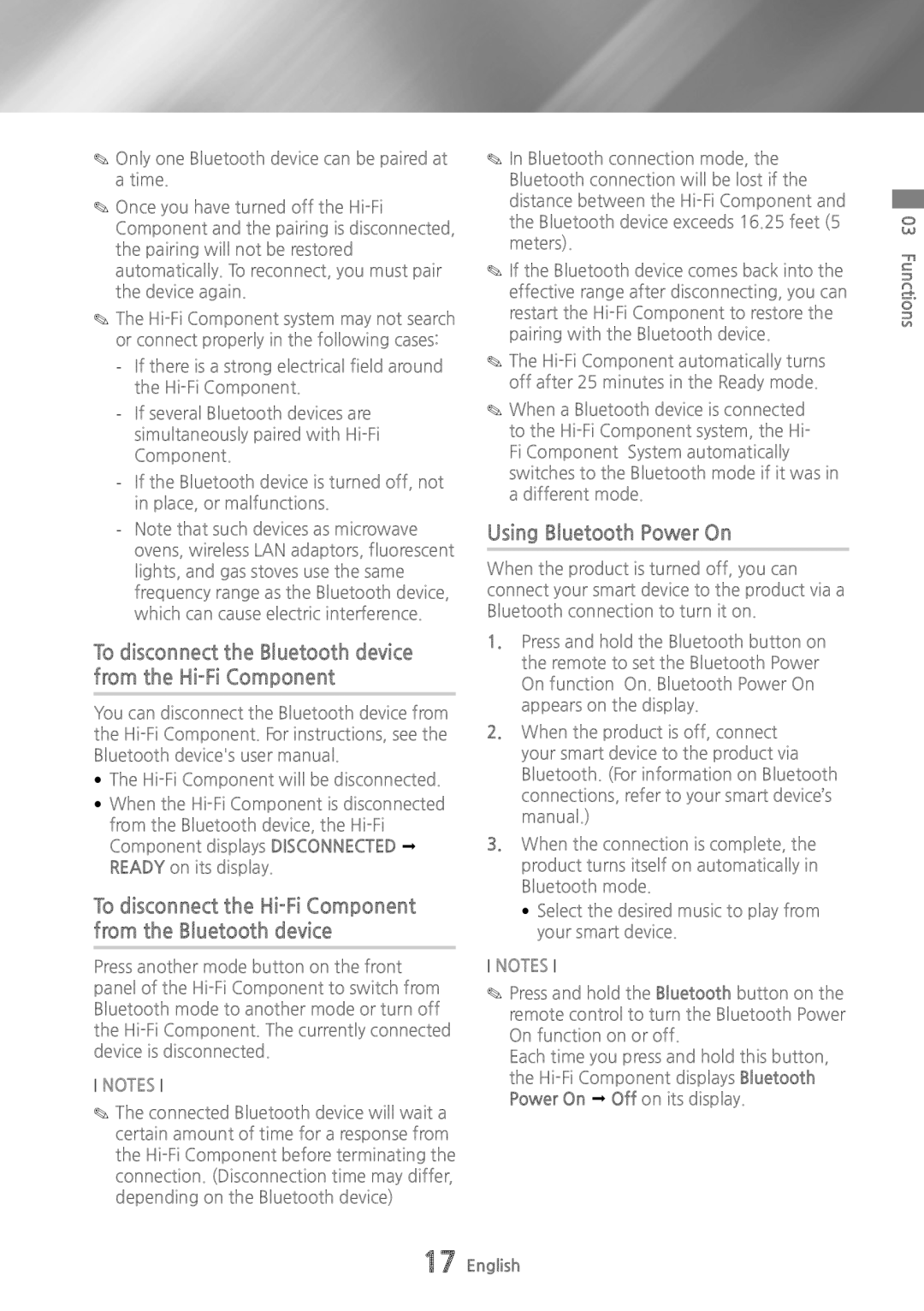 Samsung MXHS9000 user manual Using Bluetooth Power On, To disconnect the Bluetooth device from the Hi-Fi Component 