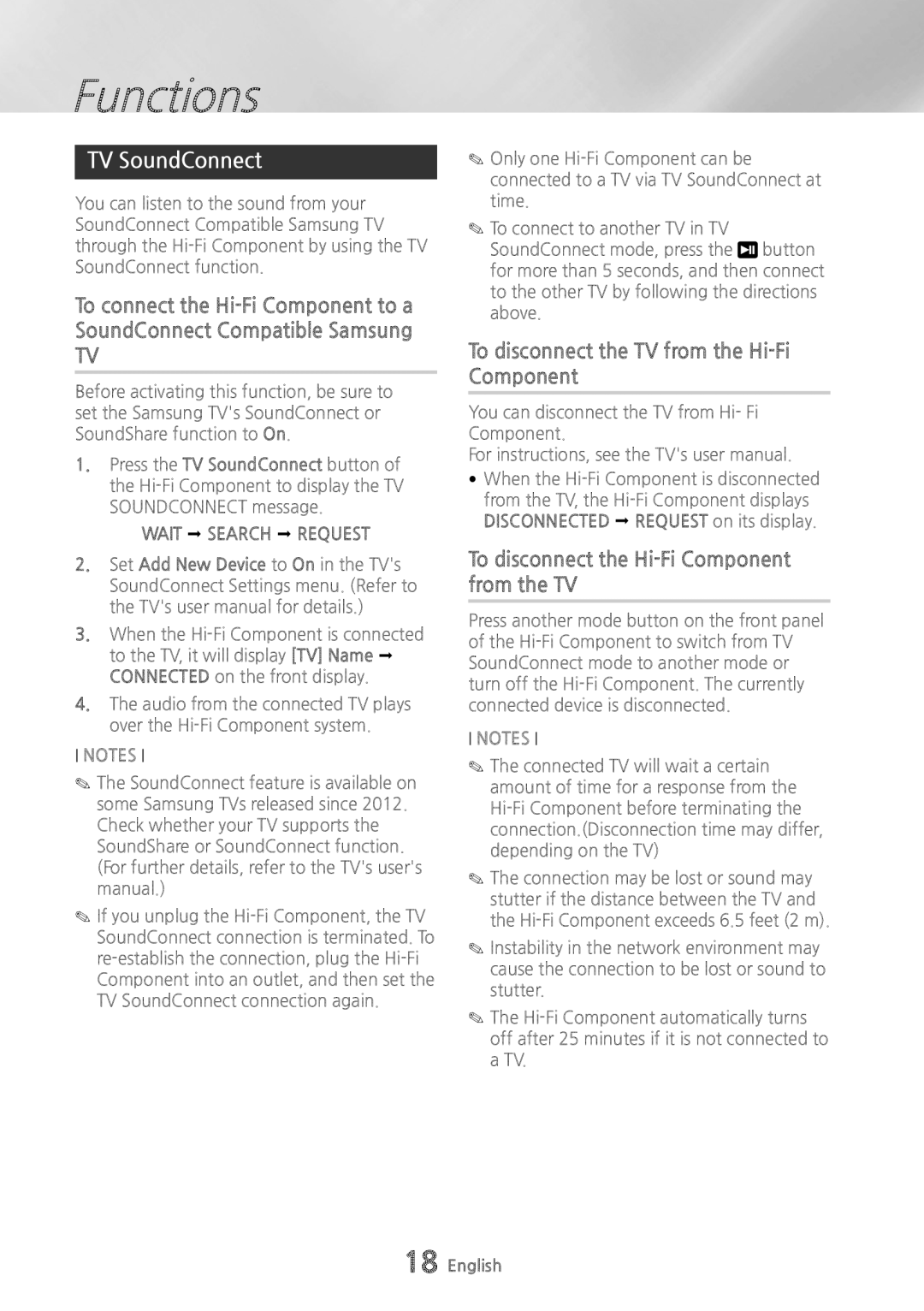 Samsung MXHS9000 user manual TV SoundConnect, To disconnect the TV from the Hi-Fi Component, Wait Search Request 