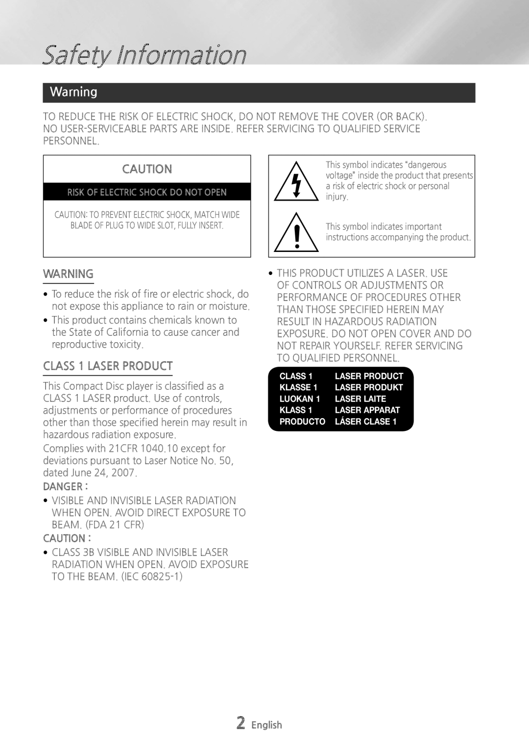 Samsung MXHS9000 user manual Safety Information, Risk of Electric Shock do not Open 