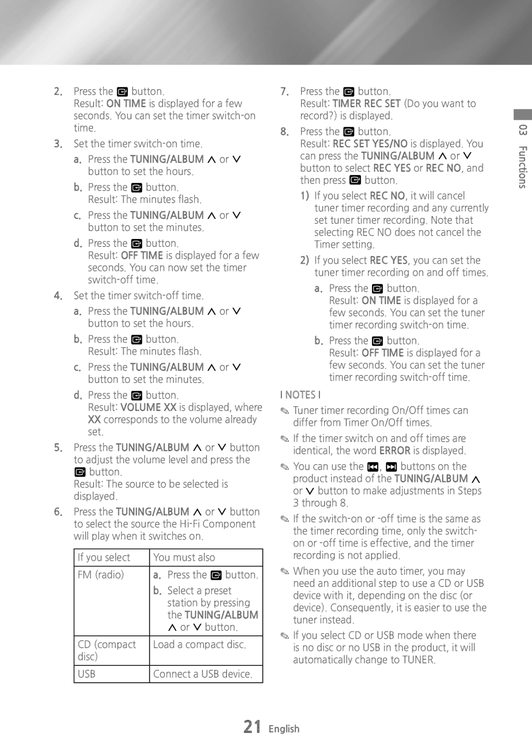 Samsung MXHS9000 user manual Tuning/Album, Usb 