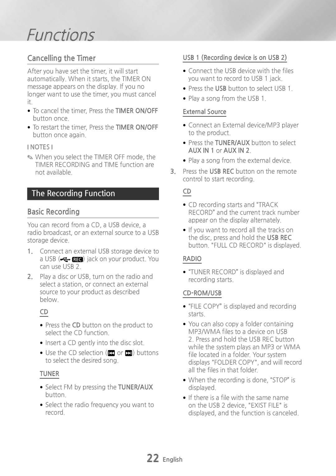 Samsung MXHS9000 user manual Cancelling the Timer, Recording Function, Basic Recording 