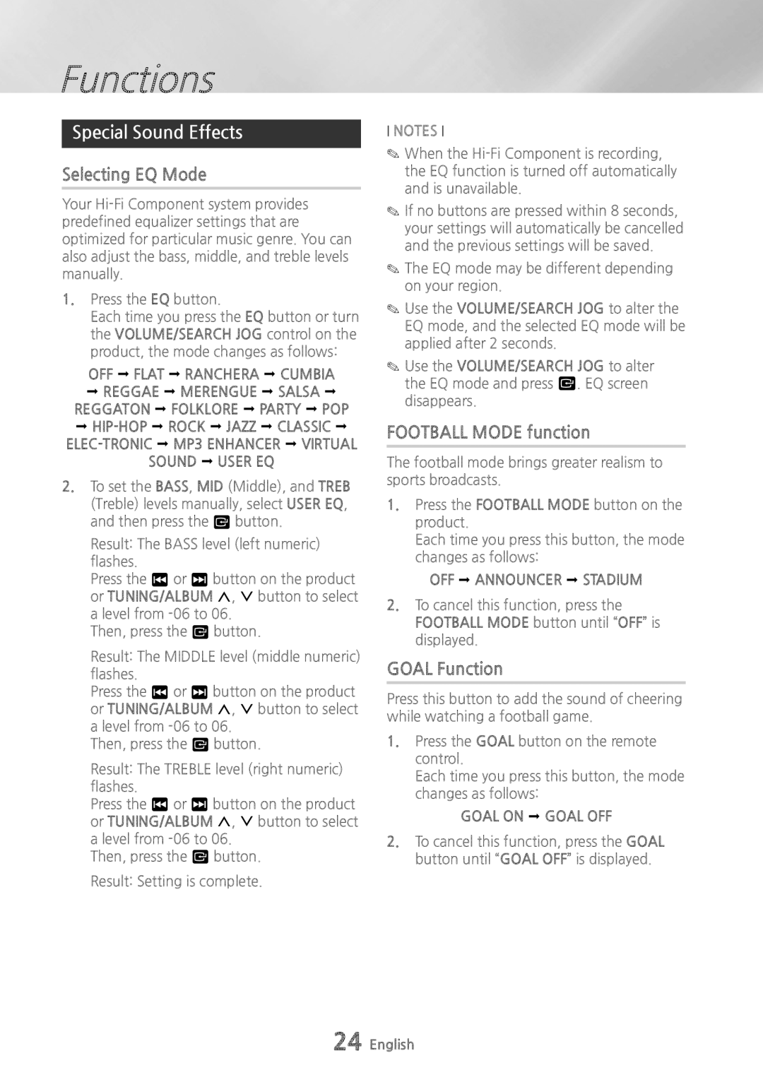 Samsung MXHS9000 user manual Special Sound Effects, Selecting EQ Mode, Football Mode function, Goal Function 