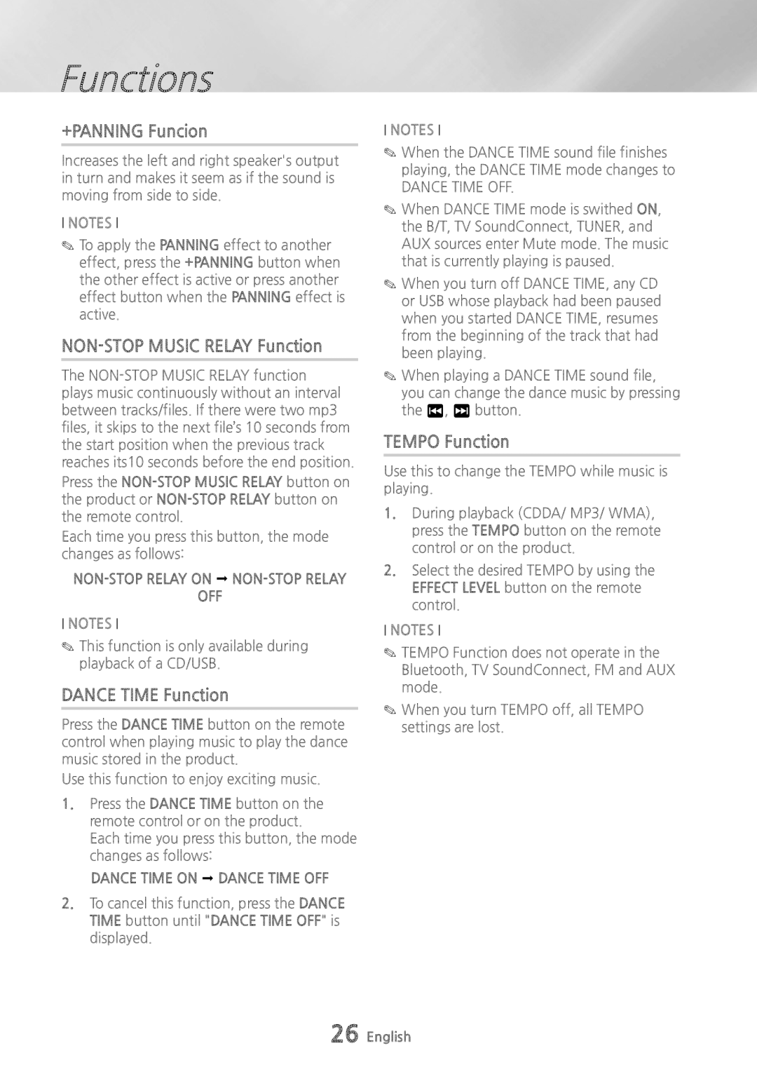 Samsung MXHS9000 user manual +PANNING Funcion, NON-STOP Music Relay Function, Dance Time Function, Tempo Function 