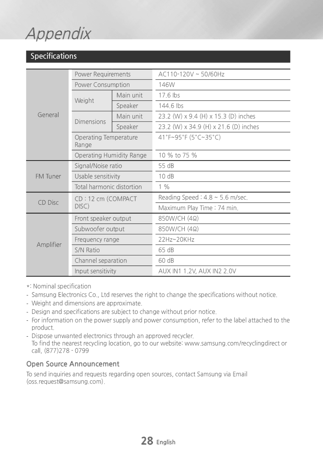 Samsung MXHS9000 user manual Specifications, Open Source Announcement, Disc 