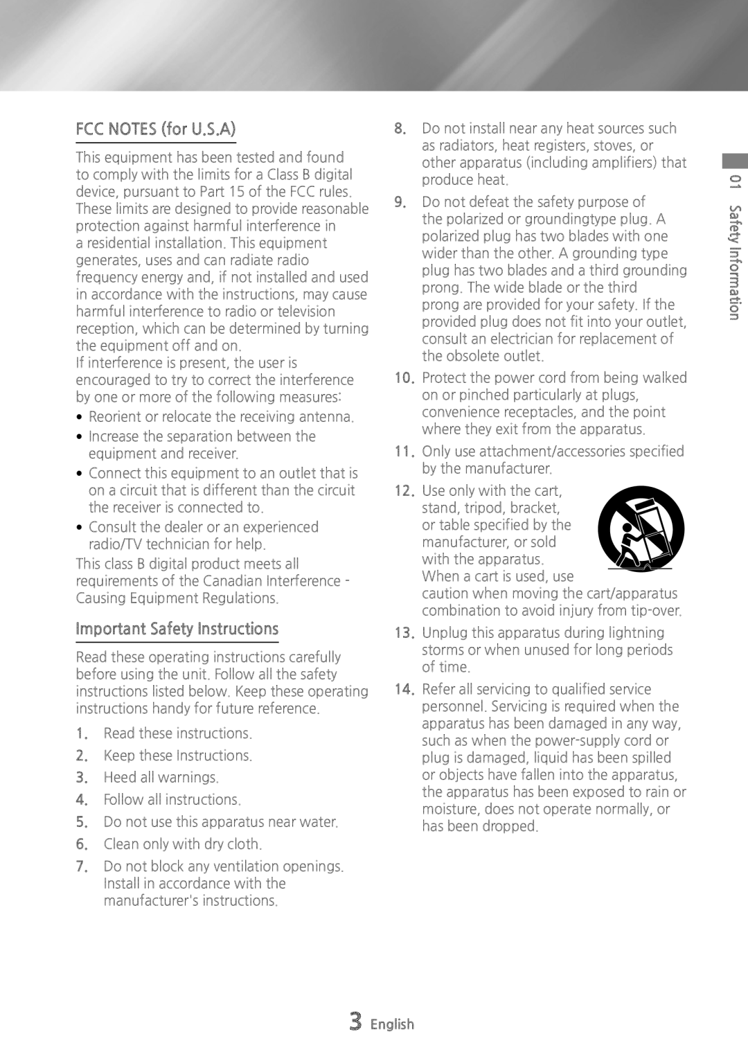 Samsung MXHS9000 user manual FCC Notes for U.S.A, Important Safety Instructions 