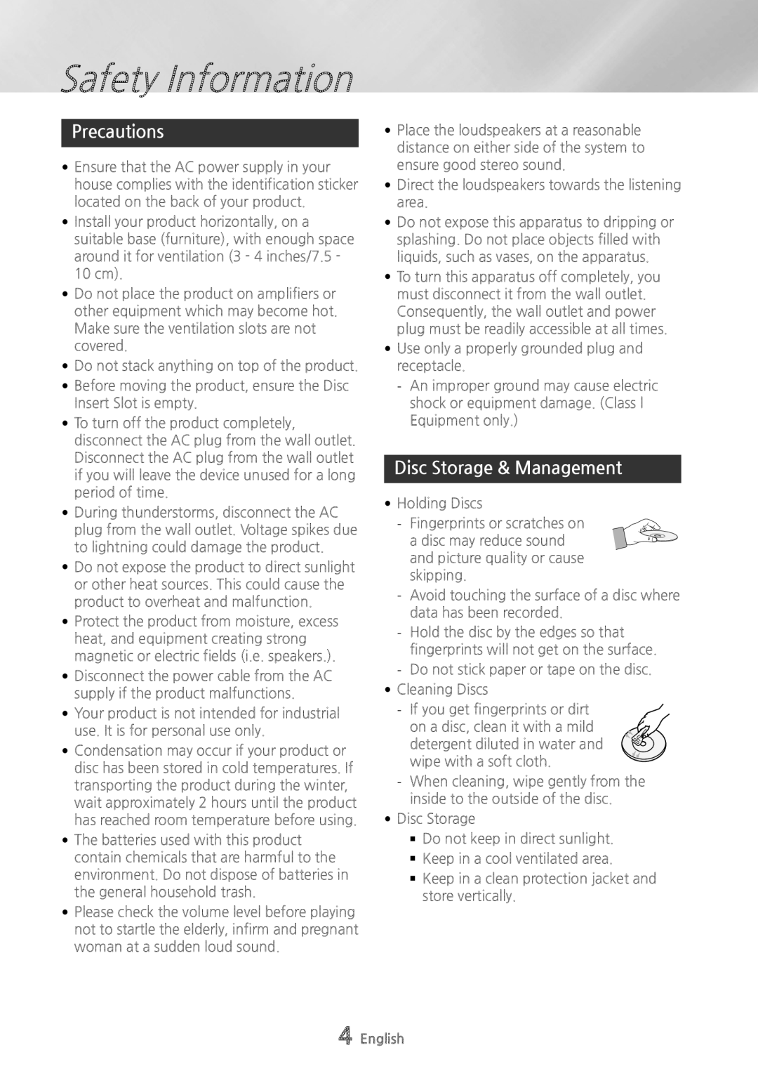 Samsung MXHS9000 user manual Precautions, Disc Storage & Management 