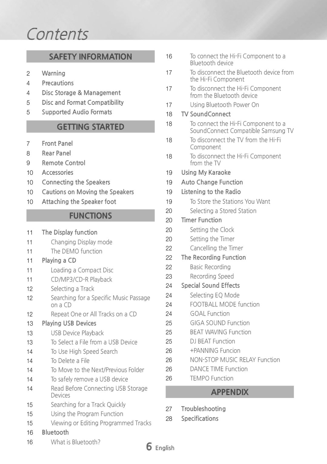 Samsung MXHS9000 user manual Contents 