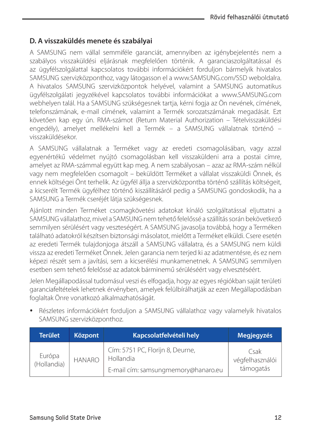 Samsung MZ-5PA256B/EU, MZ-5PA064/EU, MZ-5PA256C/EU, MZ-5PA128C/EU, MZ-5PA128B/EU Visszaküldés menete és szabályai, Hanaro 