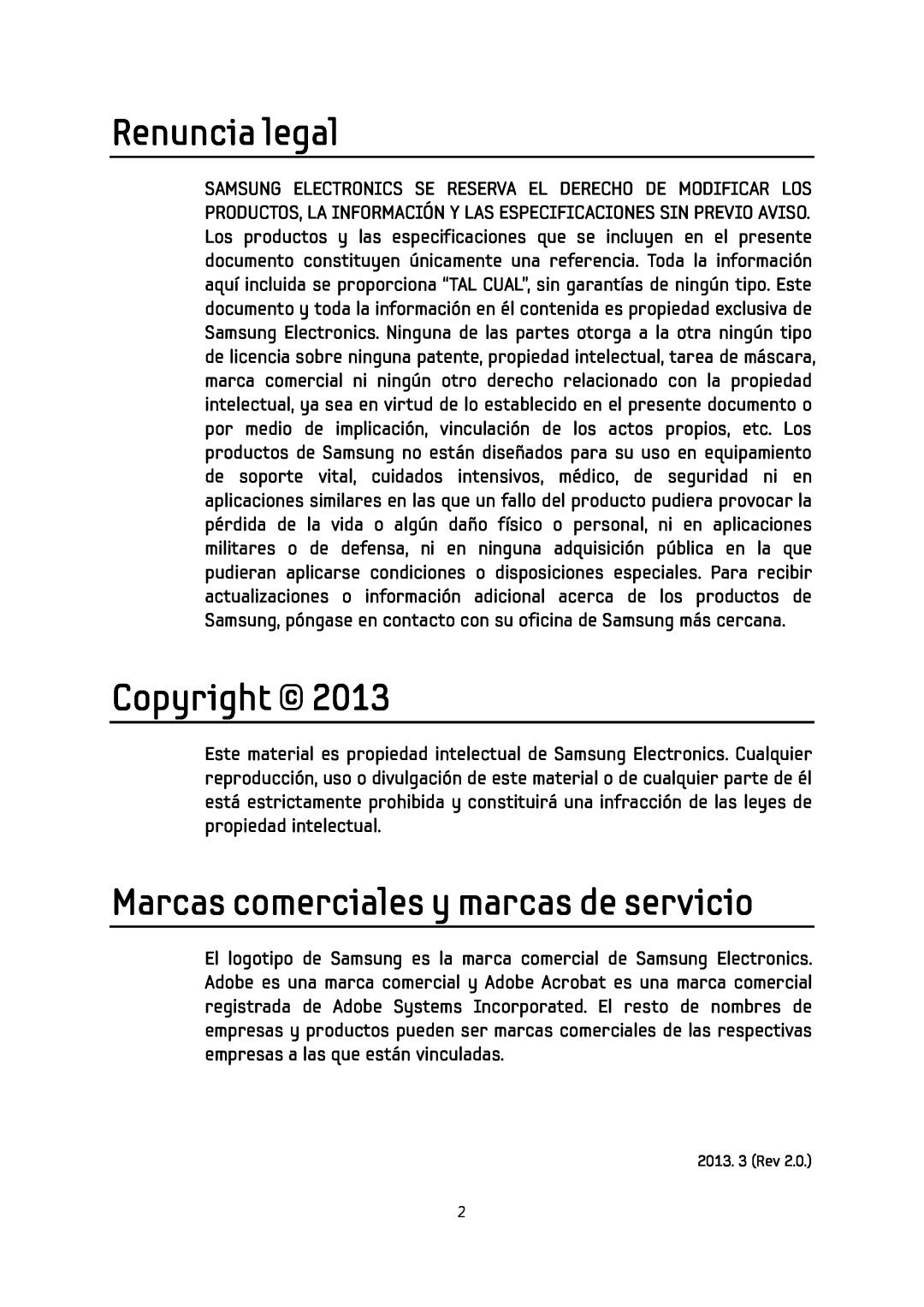 Samsung MZ-7PC512D/EU, MZ-5PA064/EU, MZ-7PC256D/EU manual Renuncia legal, Copyright, Marcas comerciales y marcas de servicio 
