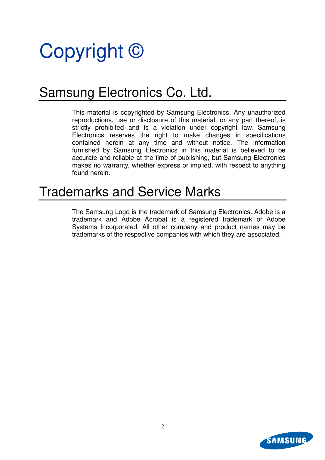 Samsung MZ-5PA128B/EU, MZ-5PA256C/EU, MZ-5PA128C/EU, MZ-5PA256B/EU, MZ-5PA064C/EU Copyright, Trademarks and Service Marks 