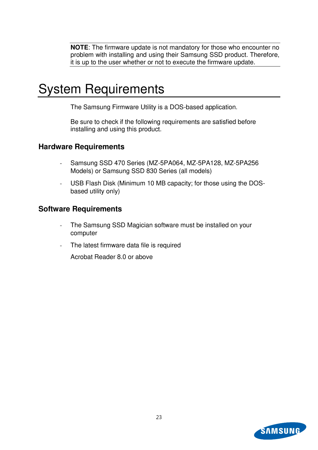 Samsung MZ-5PA064B/EU, MZ-5PA256C/EU, MZ-5PA128C/EU, MZ-5PA128B/EU, MZ-5PA256B/EU, MZ-5PA064C/EU manual Hardware Requirements 