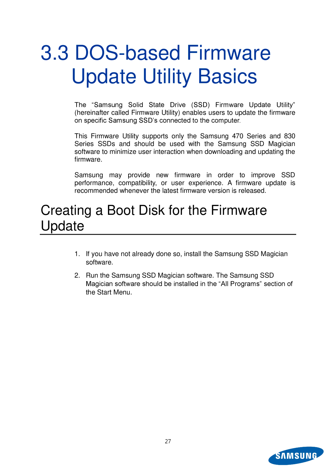 Samsung MZ-5PA256B/EU manual DOS-based Firmware Update Utility Basics, Creating a Boot Disk for the Firmware Update 