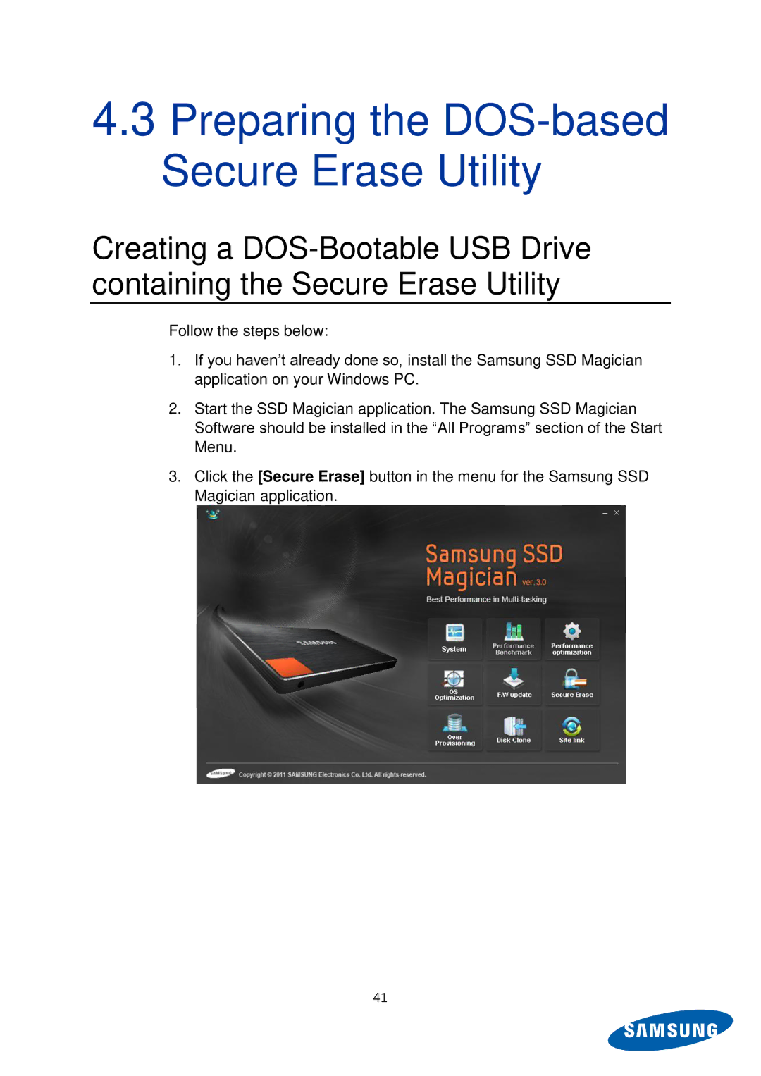 Samsung MZ-5PA064B/EU, MZ-5PA256C/EU, MZ-5PA128C/EU, MZ-5PA128B/EU manual Preparing the DOS-based Secure Erase Utility 