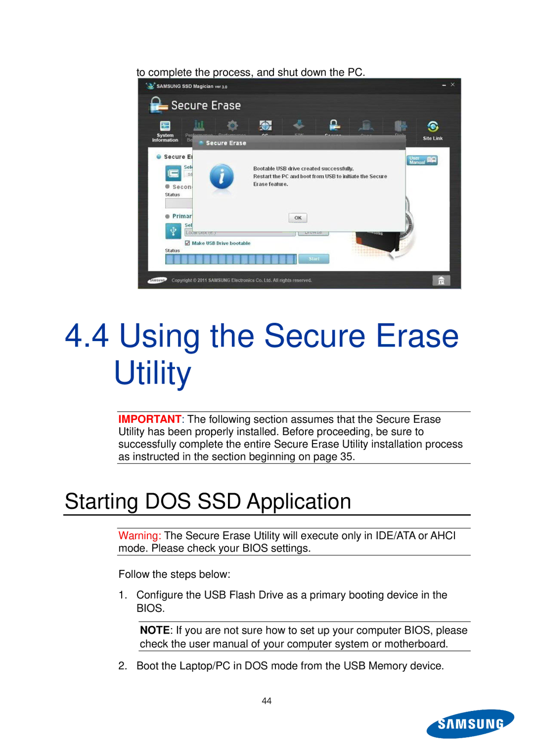 Samsung MZ-5PA128B/EU, MZ-5PA256C/EU, MZ-5PA128C/EU manual Using the Secure Erase Utility, Starting DOS SSD Application 