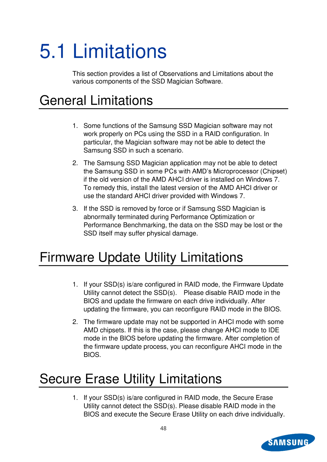 Samsung MZ-5PA256C/EU manual General Limitations, Firmware Update Utility Limitations, Secure Erase Utility Limitations 