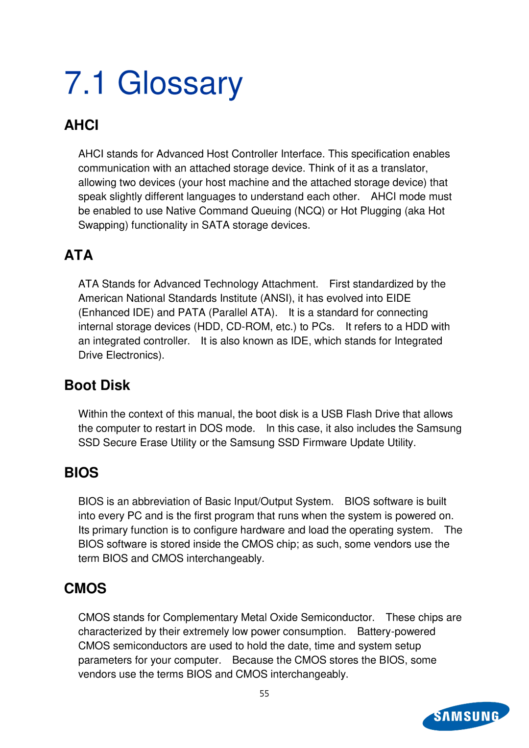 Samsung MZ-5PA128C/EU, MZ-5PA256C/EU, MZ-5PA128B/EU, MZ-5PA256B/EU, MZ-5PA064C/EU, MZ-5PA064B/EU manual Glossary, Boot Disk 