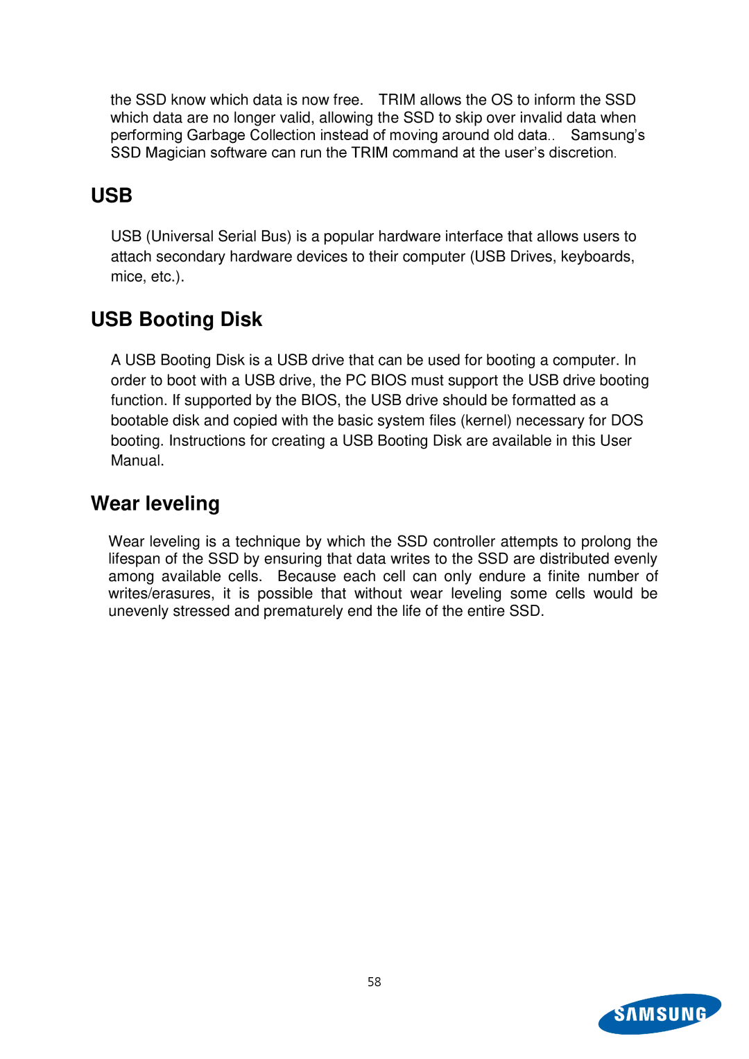 Samsung MZ-5PA064C/EU, MZ-5PA256C/EU, MZ-5PA128C/EU, MZ-5PA128B/EU, MZ-5PA256B/EU manual Usb, USB Booting Disk Wear leveling 