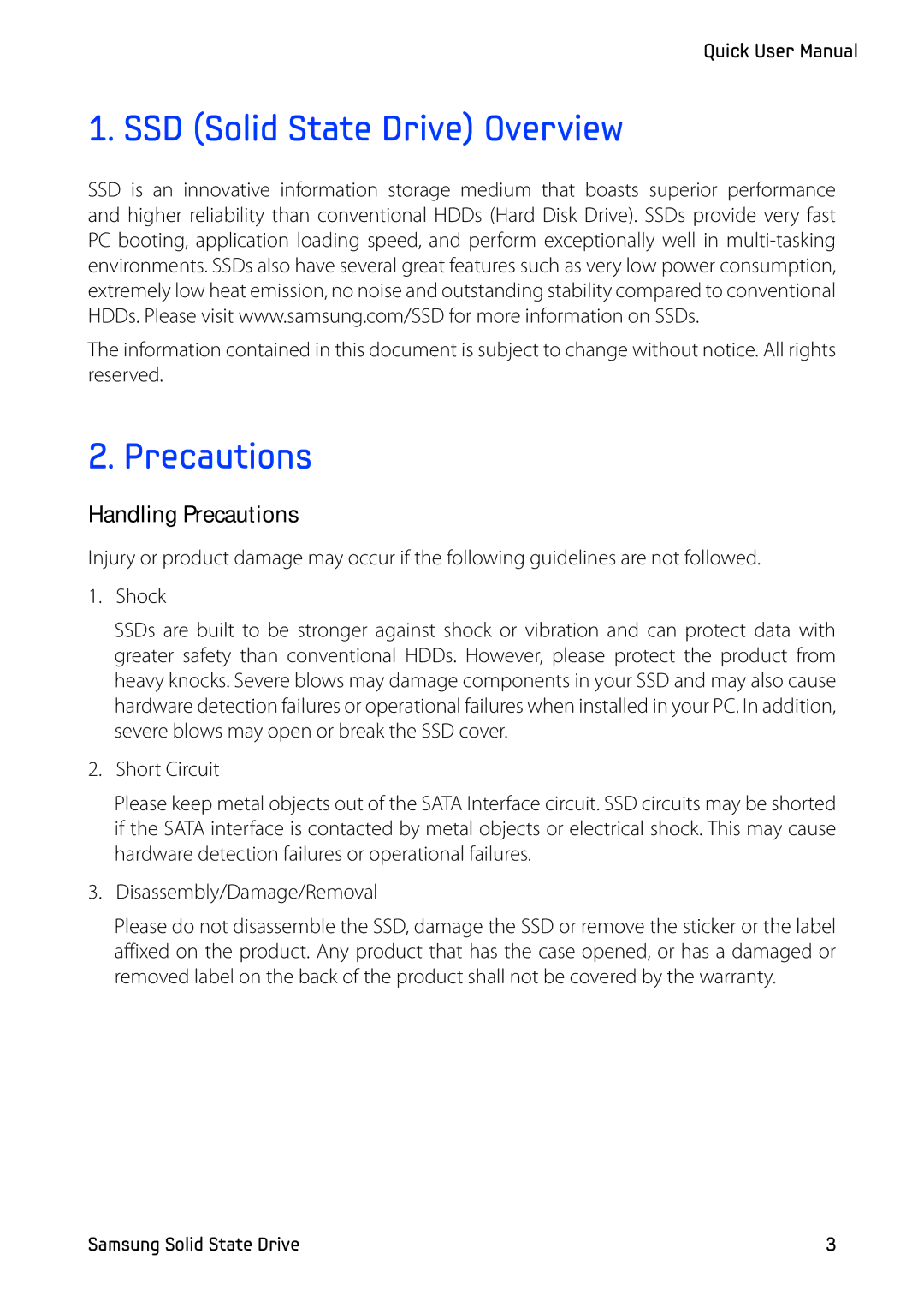 Samsung MZ-5PA256B/EU, MZ-5PA256C/EU, MZ-5PA128C/EU, MZ-5PA128B/EU SSD Solid State Drive Overview, Handling Precautions 