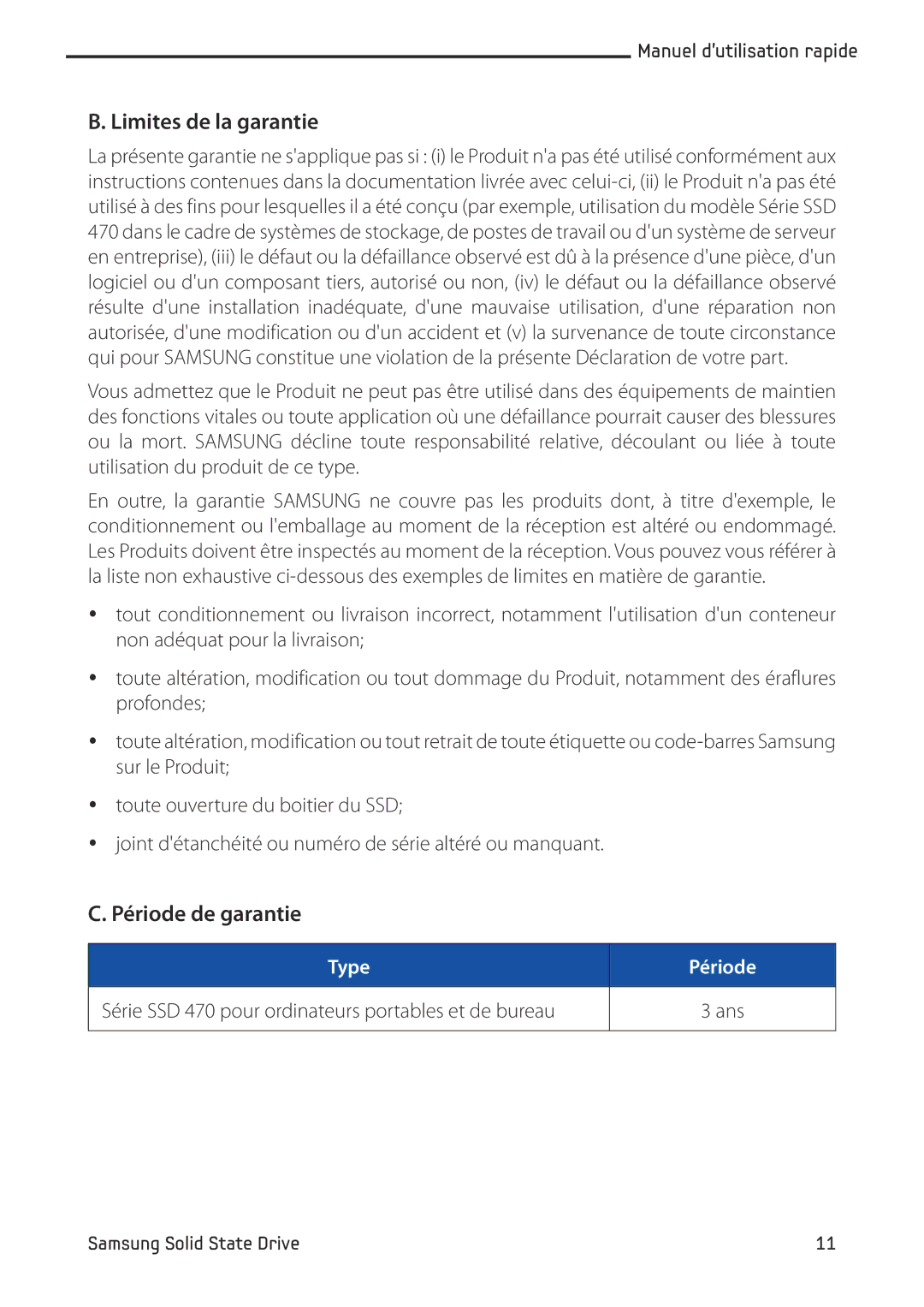 Samsung MZ-5PA256C/EU, MZ-5PA256/EU, MZ-5PA064/EU, MZ-5PA128C/EU, MZ-5PA128B/EU Limites de la garantie, Période de garantie 