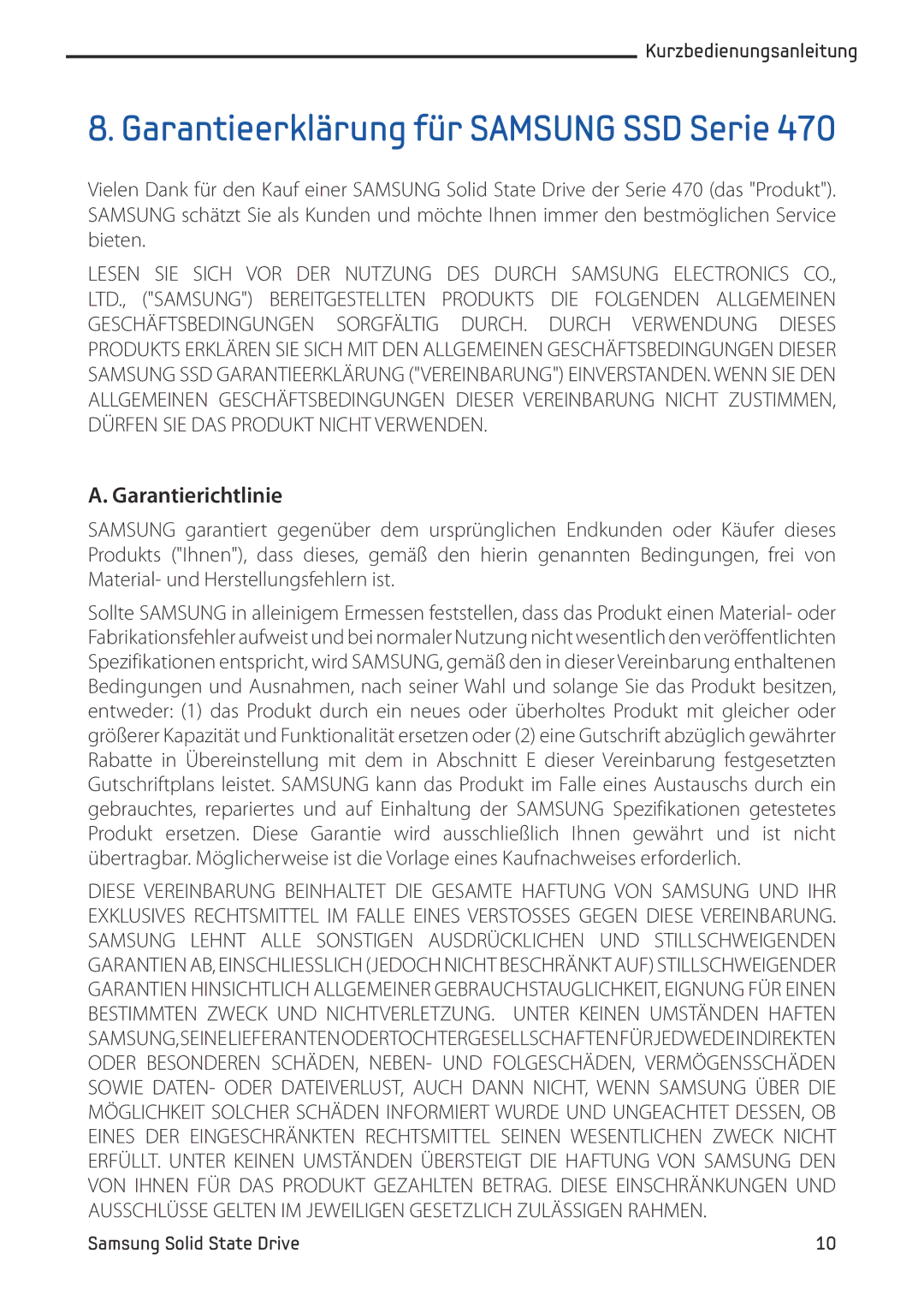 Samsung MZ-5PA064/EU, MZ-5PA256/EU, MZ-5PA256C/EU, MZ-5PA128C/EU Garantieerklärung für Samsung SSD Serie, Garantierichtlinie 