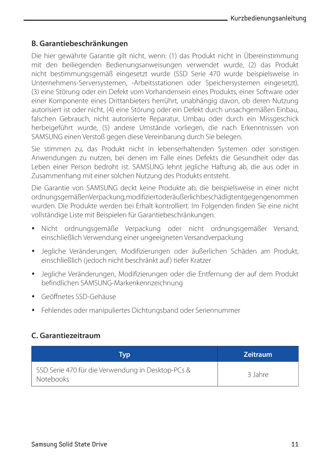 Samsung MZ-5PA256C/EU, MZ-5PA256/EU, MZ-5PA064/EU, MZ-5PA128C/EU, MZ-5PA128B/EU manual Garantiebeschränkungen, Garantiezeitraum 