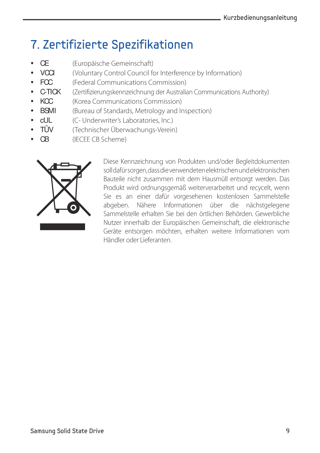 Samsung MZ-5PA256/EU, MZ-5PA064/EU, MZ-5PA256C/EU, MZ-5PA128C/EU, MZ-5PA128B/EU manual Zertifizierte Spezifikationen, Fcc 