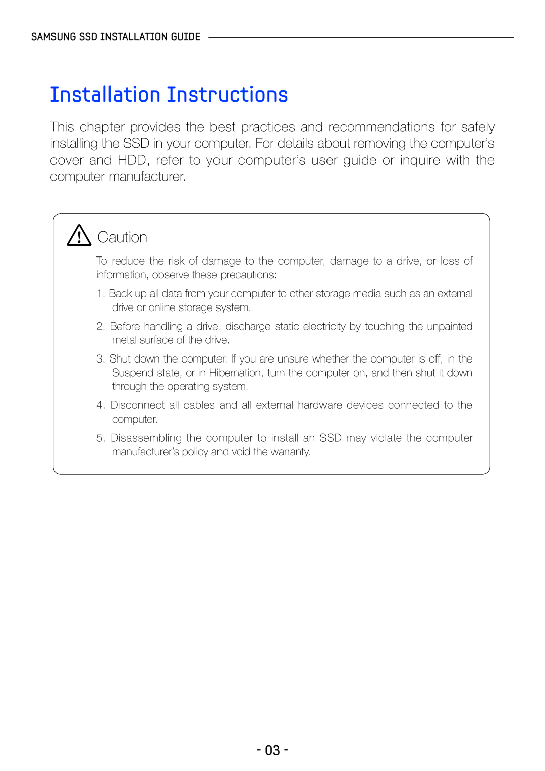 Samsung MZ-5PA256B/EU, MZ-5PA256/EU, MZ-5PA064/EU, MZ-5PA256C/EU, MZ-5PA064C/EU, MZ-5PA128/EU manual Installation Instructions 