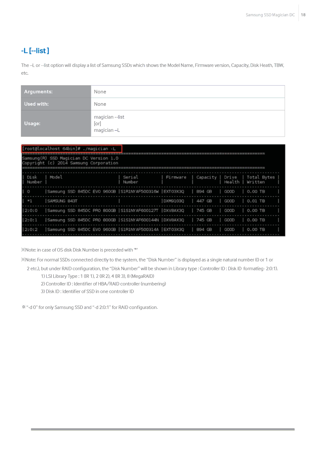 Samsung MZ-7LM3T8Z, MZ-7KM480Z List, Magician --list, Magician -L, ※Note in case of OS disk Disk Number is preceded with 