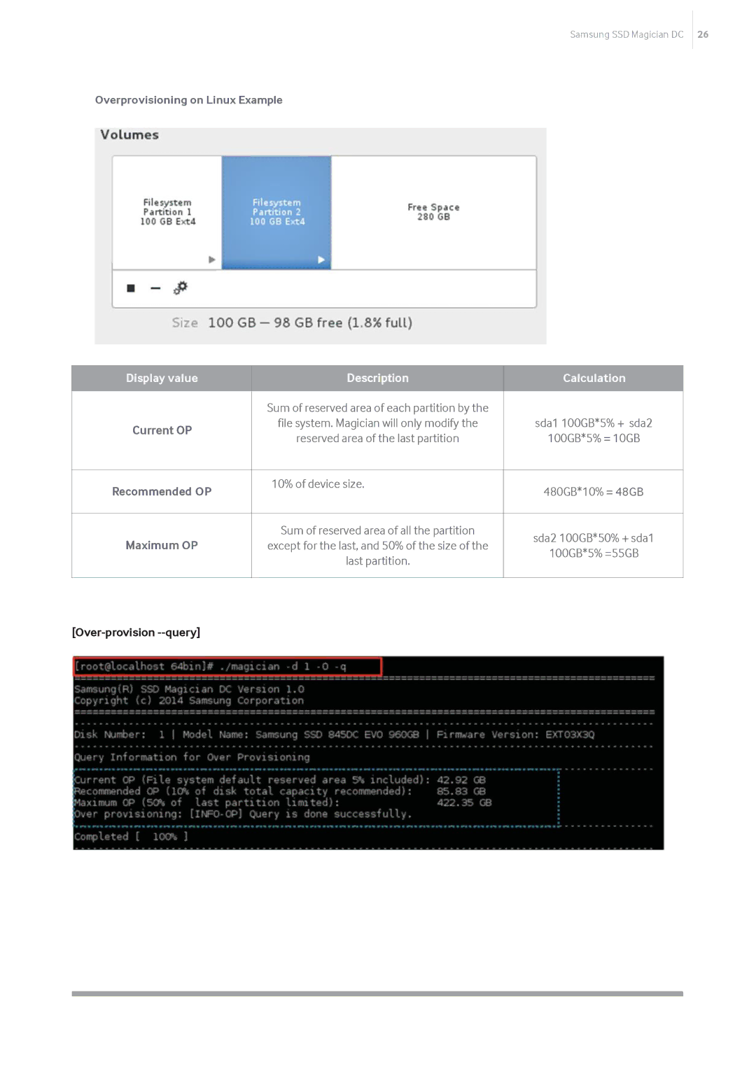 Samsung MZ-7KM480E, MZ-7KM480Z, MZ-7KM240E Overprovisioning on Linux Example, 10% of device size, Over-provision --query 