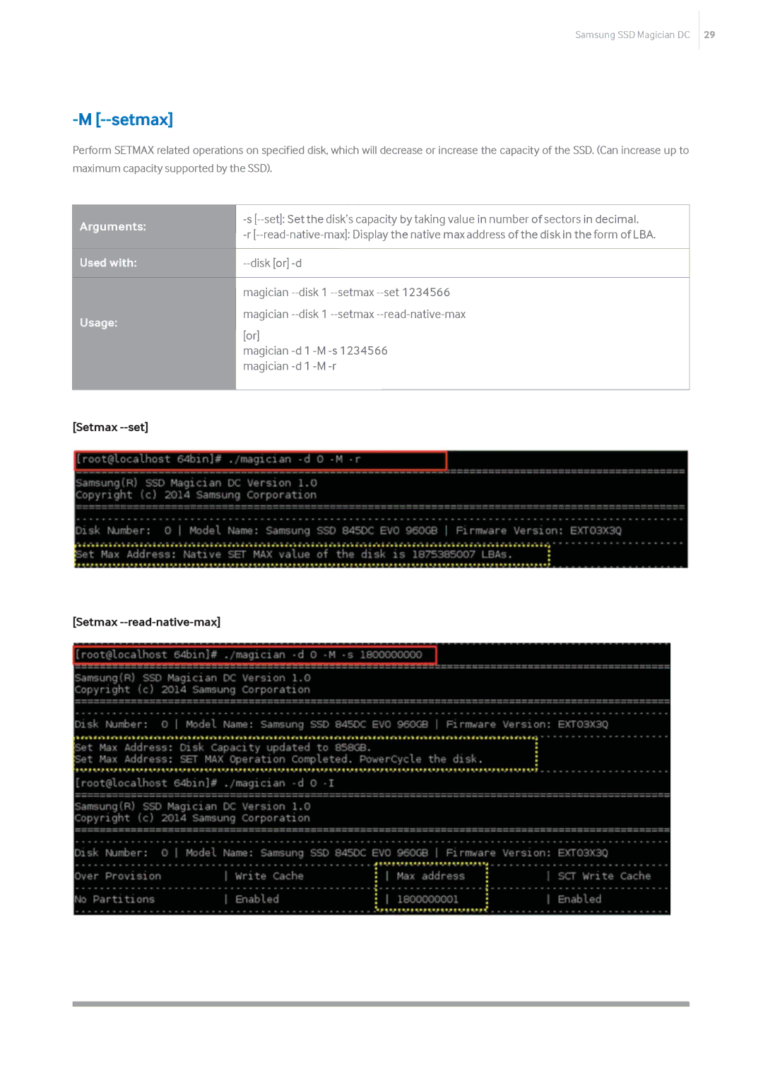 Samsung MZ-7KM120Z, MZ-7KM480Z, MZ-7KM240E manual Setmax, Magician --disk 1 --setmax --read-native-max, Magician -d 1 -M -r 